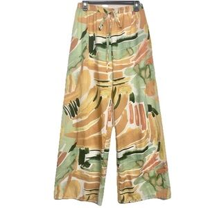 Vintage Inspired Flowy Wide Leg Watercolor Print Pants Shades Orange, Tan, Green